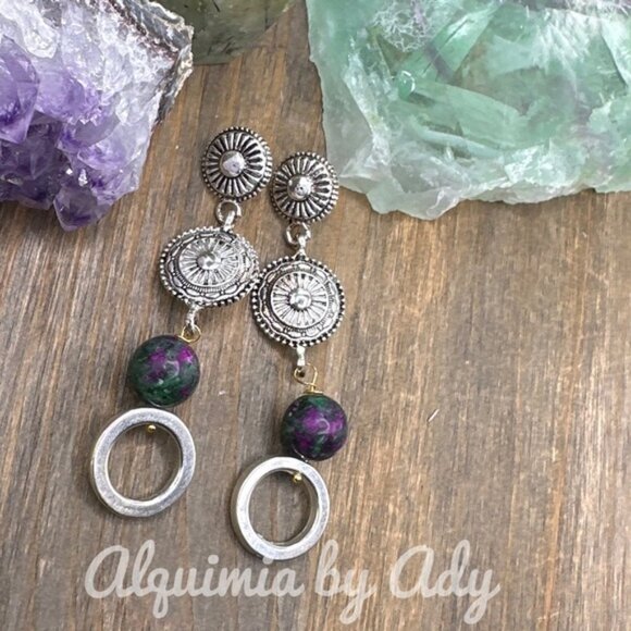 Alquimia Jewelry - Silver statement extra long charm earrings with ruby Zoisite